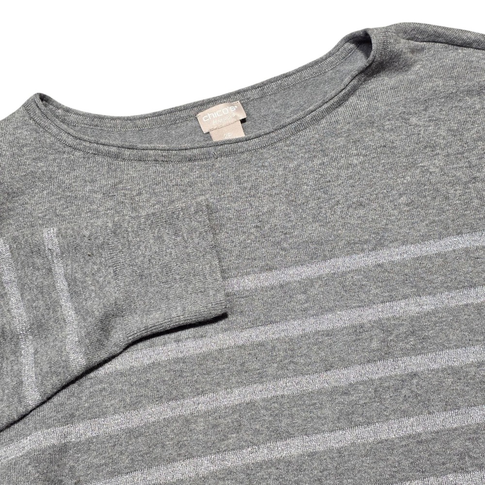 Chicos Zenergy Gray Metallic Striped Cotton Blend Pullover Sweater Size L Petite